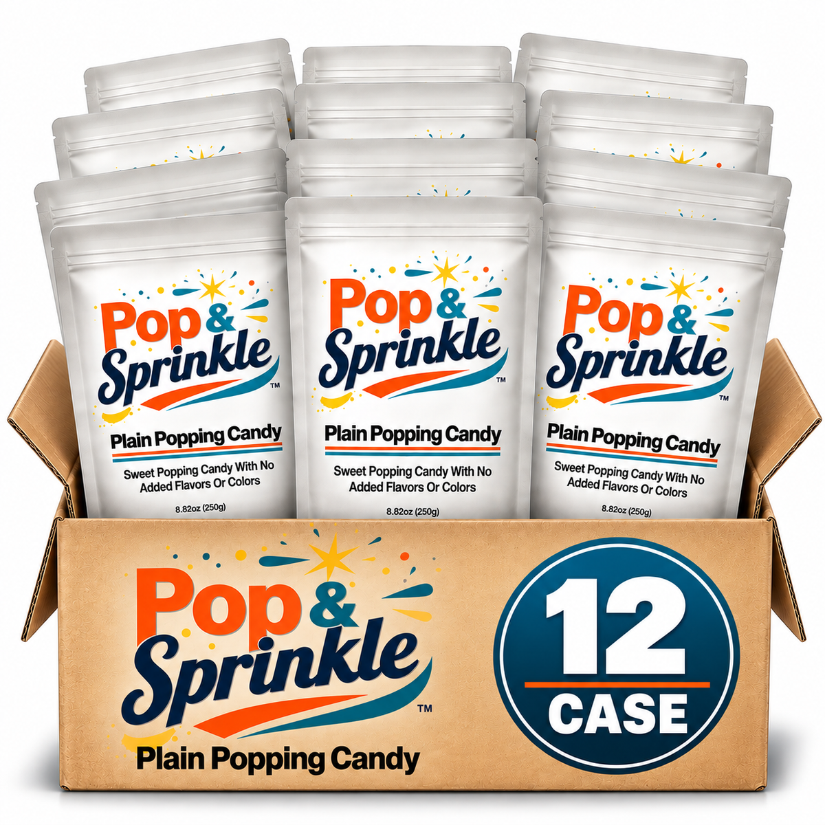 Pop & Sprinkle Plain Popping Candy – 12 Pack Case | Unflavored Popping Candy, No Added Flavors or Colors | 8.82 oz Bags (250g Each)