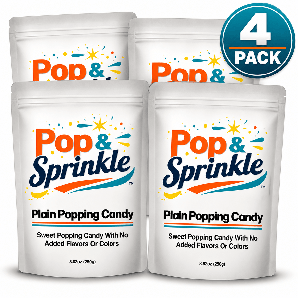 Pop & Sprinkle Plain Popping Candy – 4 Pack | Unflavored Popping Candy, No Added Flavors or Colors | 8.82 oz Bags (250g Each)